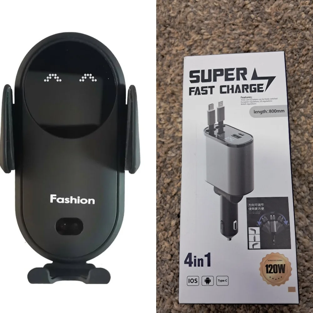 (1)4-in-1 Super Fast Charger & (1) Smart Sensor Car Charger In Black